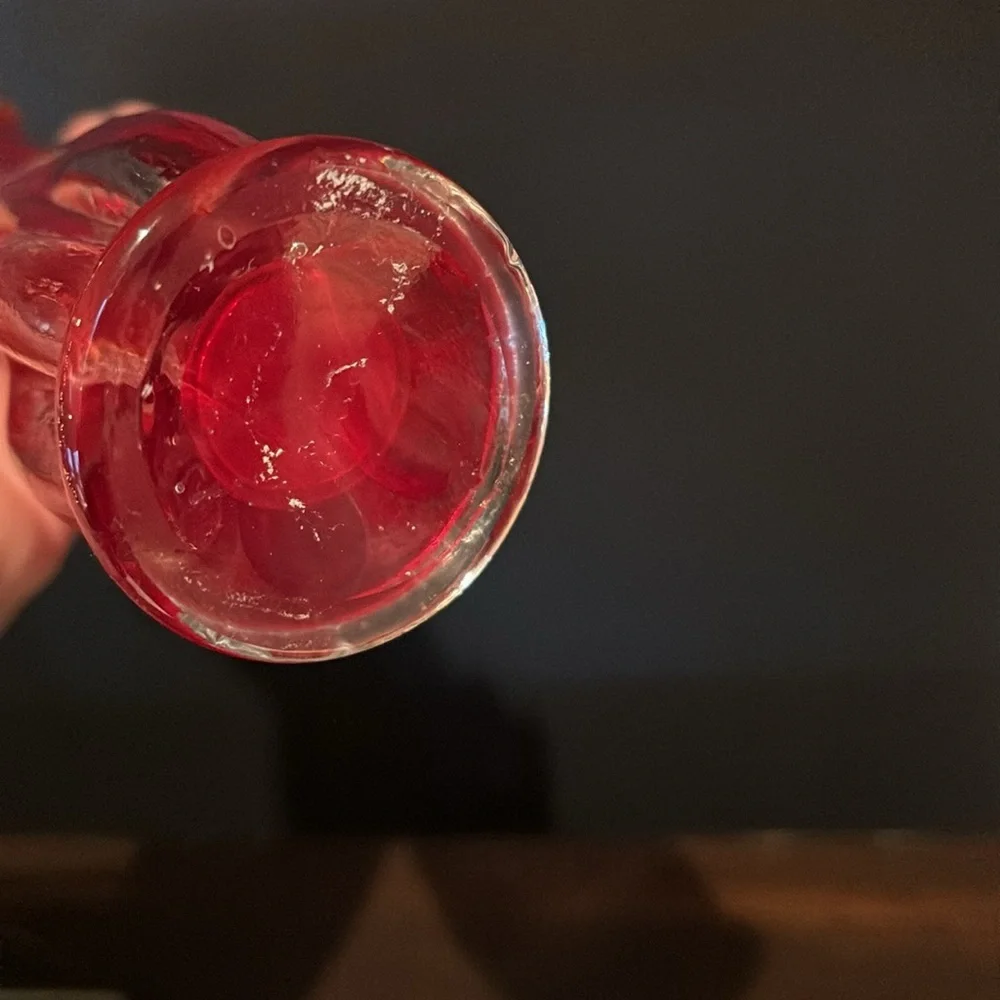 Vintage Art Glass Swung Bud Vase Red Twisted Three Finger Mid Century 9.5” Tall